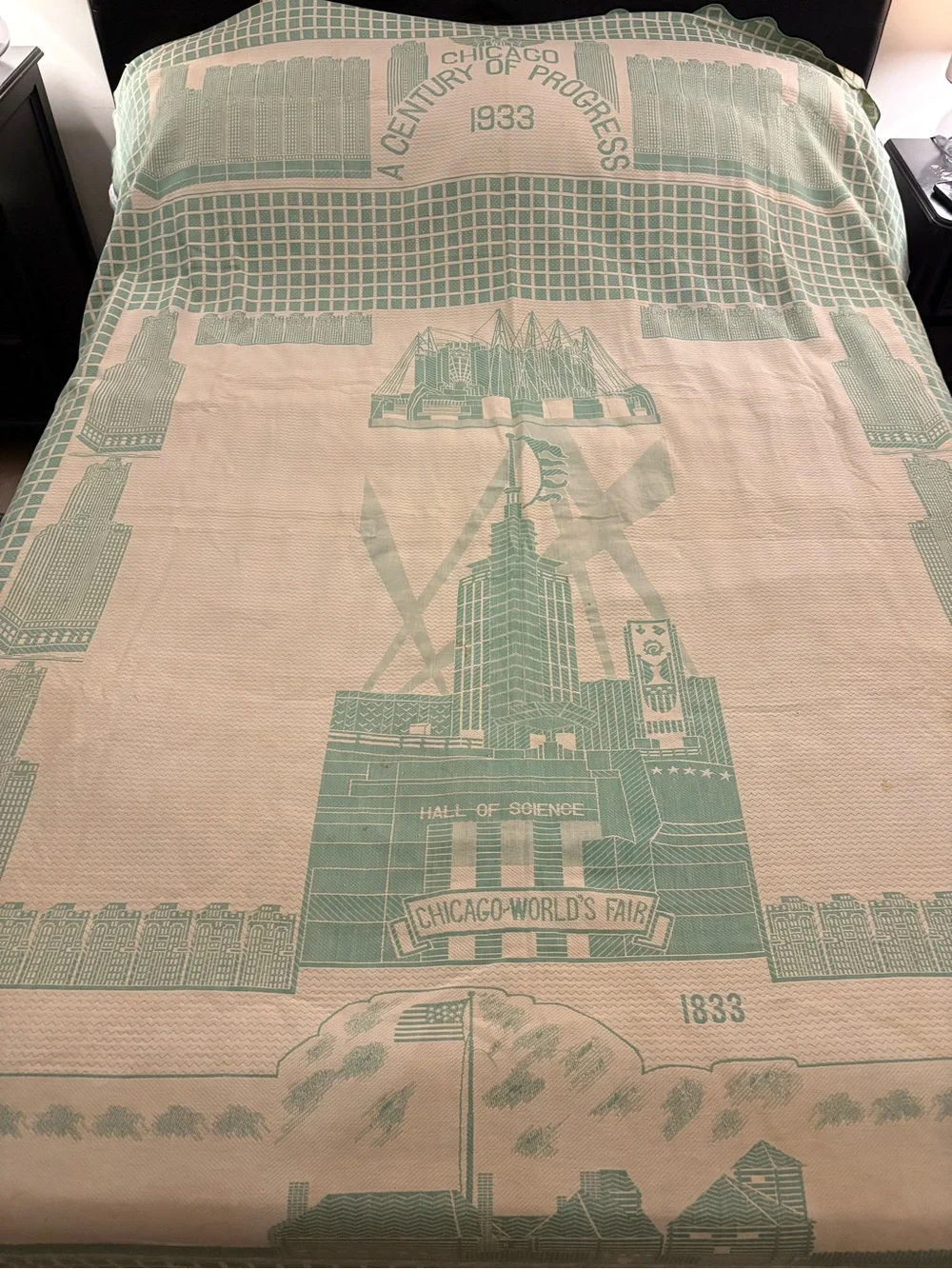 Vintage Chicago 1933 Authentic World’s Fair Jacquard Bedspread - Green & Cream